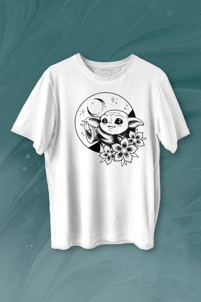 Baby Yoda Star Wars Mandalorian Ay Hilal Silüeti Baskılı Tişört Unisex T-shirt