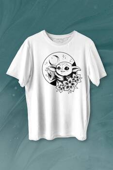 Baby Yoda Star Wars Mandalorian Ay Hilal Silüeti Baskılı Tişört Unisex T-shirt - 1