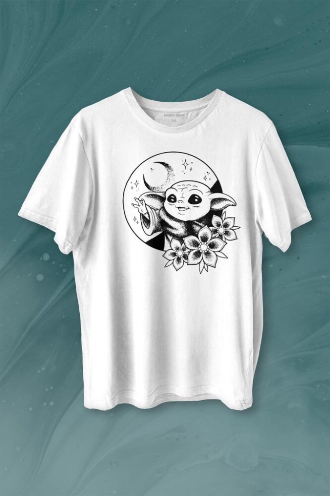 Baby Yoda Star Wars Mandalorian Ay Hilal Silüeti Baskılı Tişört Unisex T-shirt - 1