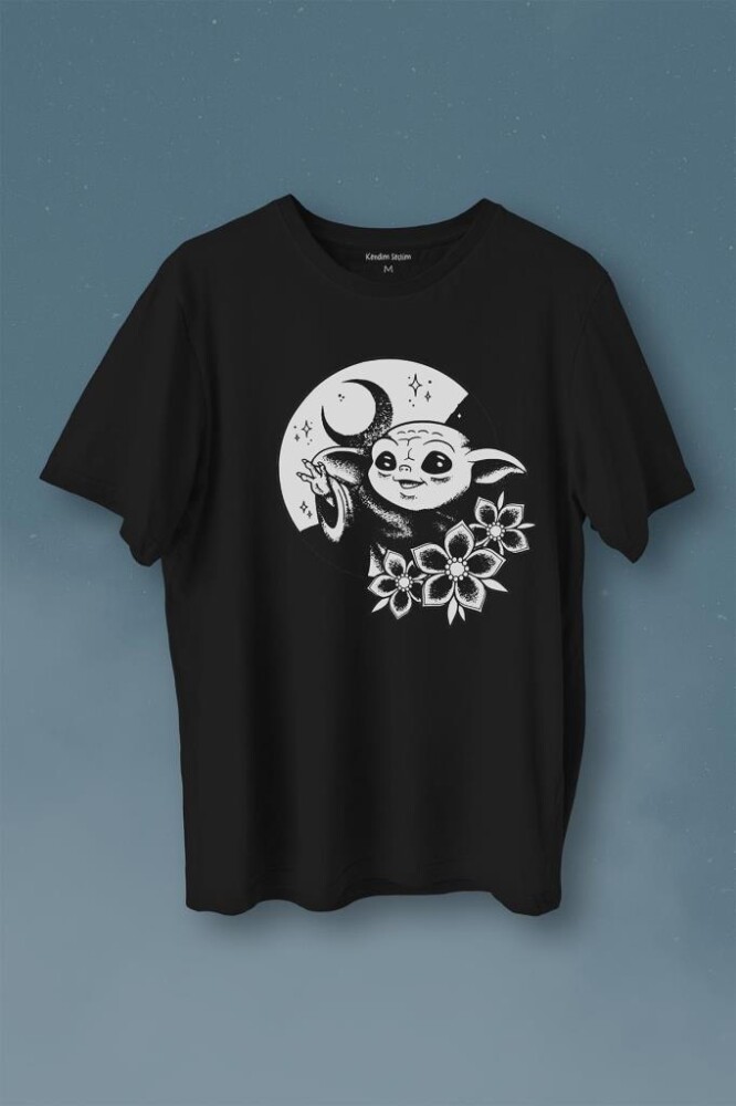 Baby Yoda Star Wars Mandalorian Ay Hilal Silüeti Baskılı Tişört Unisex T-Shirt - 1