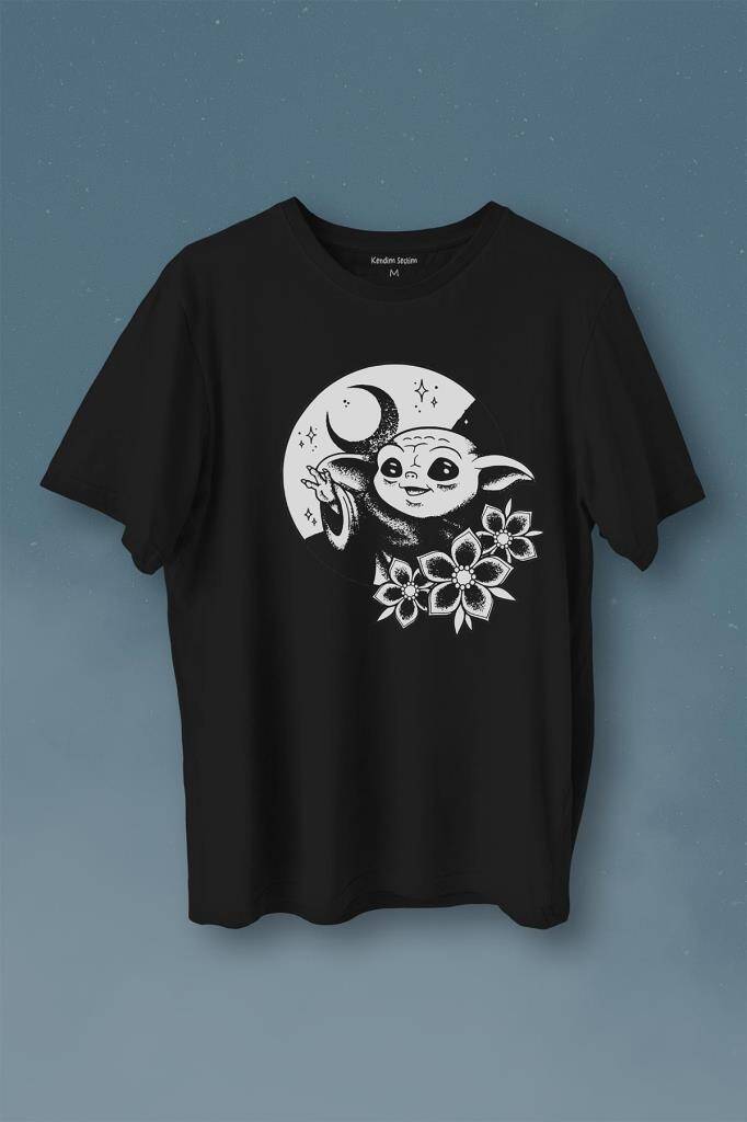 Baby Yoda Star Wars Mandalorian Ay Hilal Silüeti Baskılı Tişört Unisex T-Shirt - 1