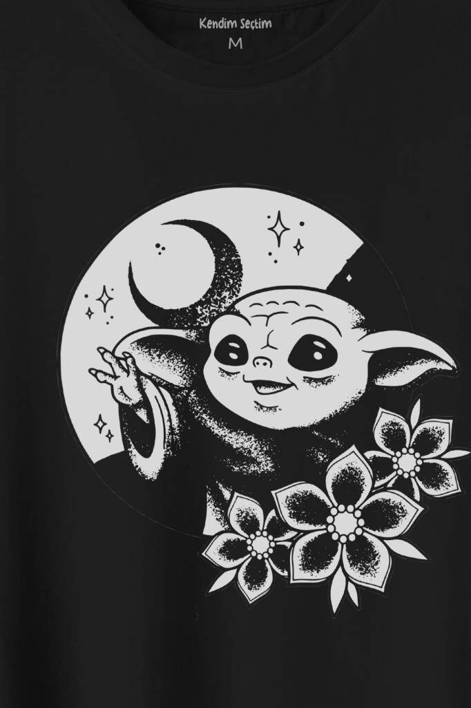 Baby Yoda Star Wars Mandalorian Ay Hilal Silüeti Baskılı Tişört Unisex T-Shirt - 2