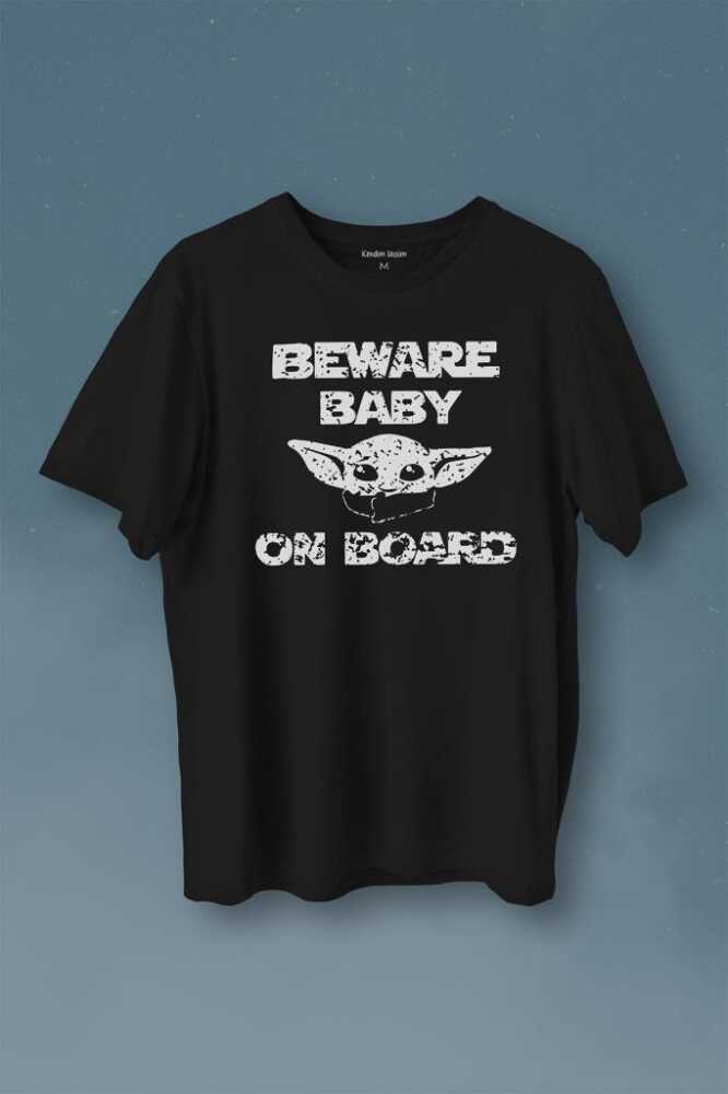 Baby Yoda Star Wars Mandalorian Beware Baby On Board Baskılı Tişört Unisex T-Shirt - 1