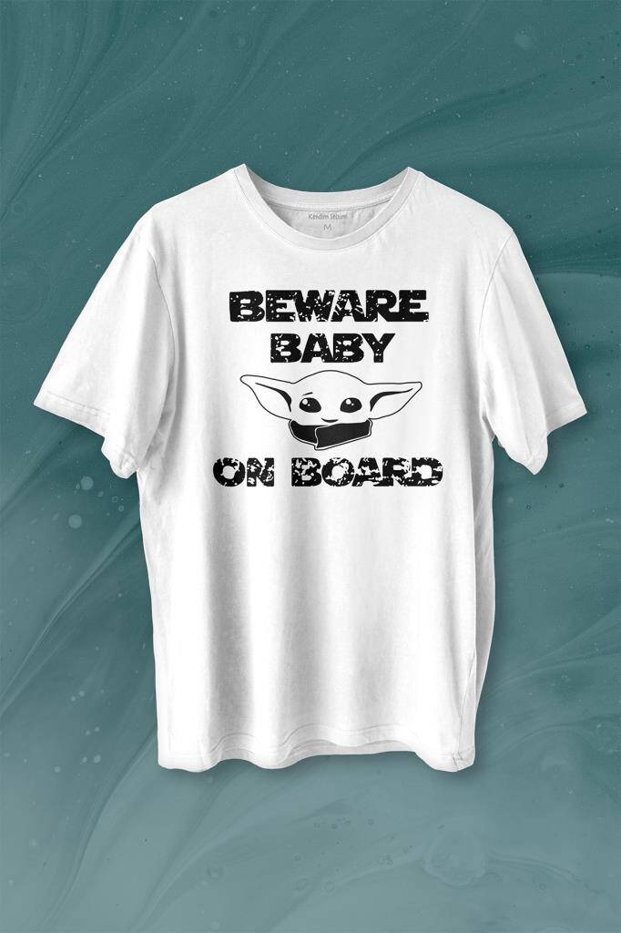 Baby Yoda Star Wars Mandalorian Beware Baby On board Baskılı Tişört Unisex T-shirt