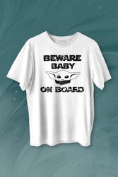 Baby Yoda Star Wars Mandalorian Beware Baby On board Baskılı Tişört Unisex T-shirt - 1