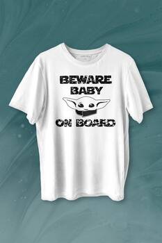 Baby Yoda Star Wars Mandalorian Beware Baby On board Baskılı Tişört Unisex T-shirt - 1