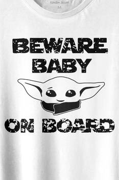 Baby Yoda Star Wars Mandalorian Beware Baby On board Baskılı Tişört Unisex T-shirt - 2