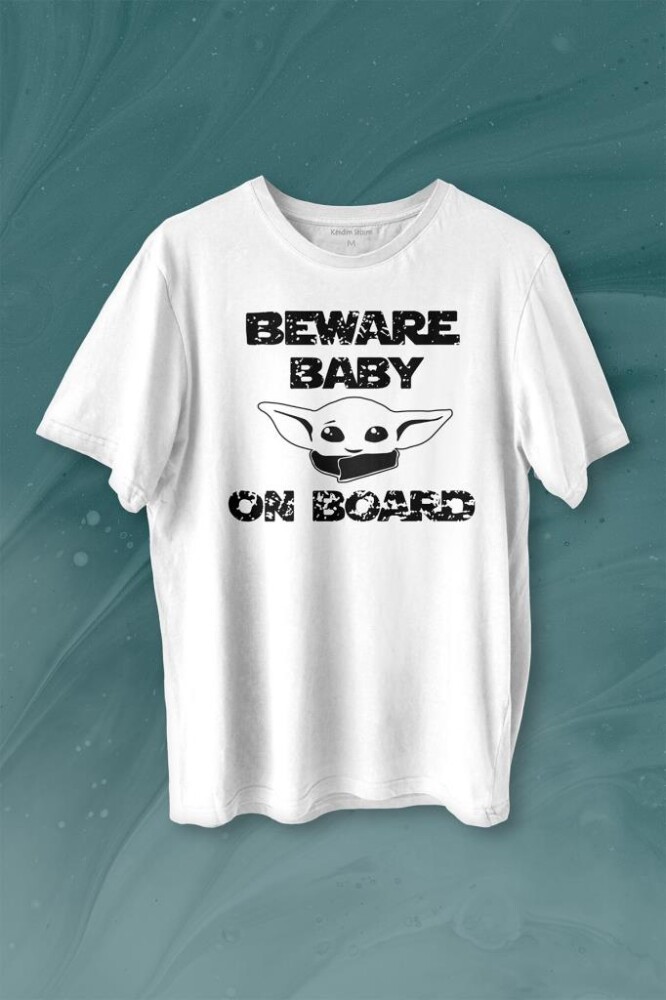 Baby Yoda Star Wars Mandalorian Beware Baby On board Baskılı Tişört Unisex T-shirt - 1
