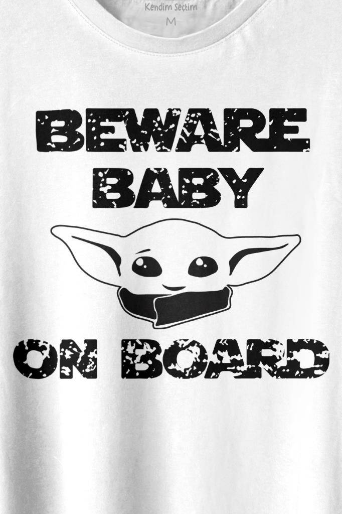 Baby Yoda Star Wars Mandalorian Beware Baby On board Baskılı Tişört Unisex T-shirt - 2