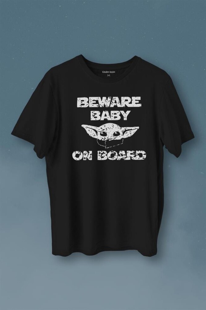 Baby Yoda Star Wars Mandalorian Beware Baby On Board Baskılı Tişört Unisex T-Shirt - 1