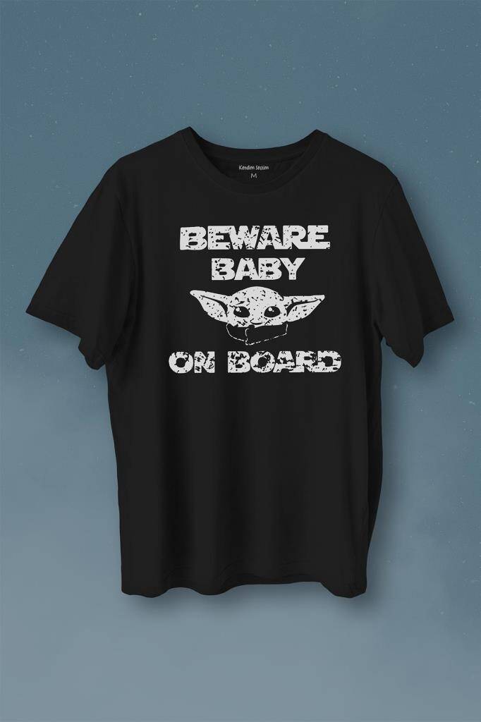 Baby Yoda Star Wars Mandalorian Beware Baby On Board Baskılı Tişört Unisex T-Shirt - 1