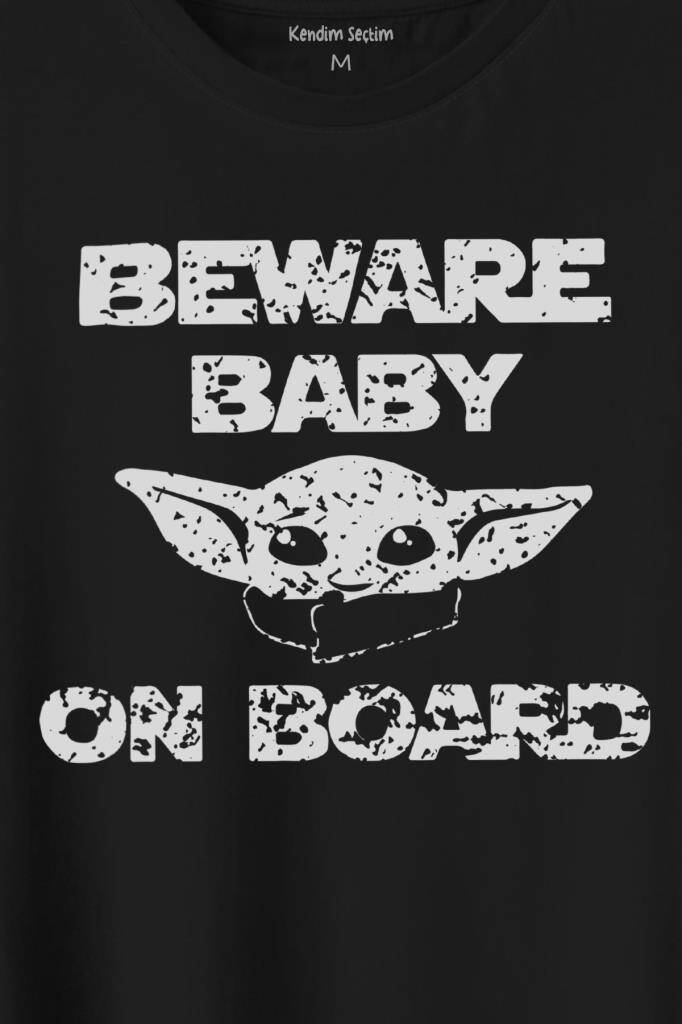 Baby Yoda Star Wars Mandalorian Beware Baby On Board Baskılı Tişört Unisex T-Shirt - 2