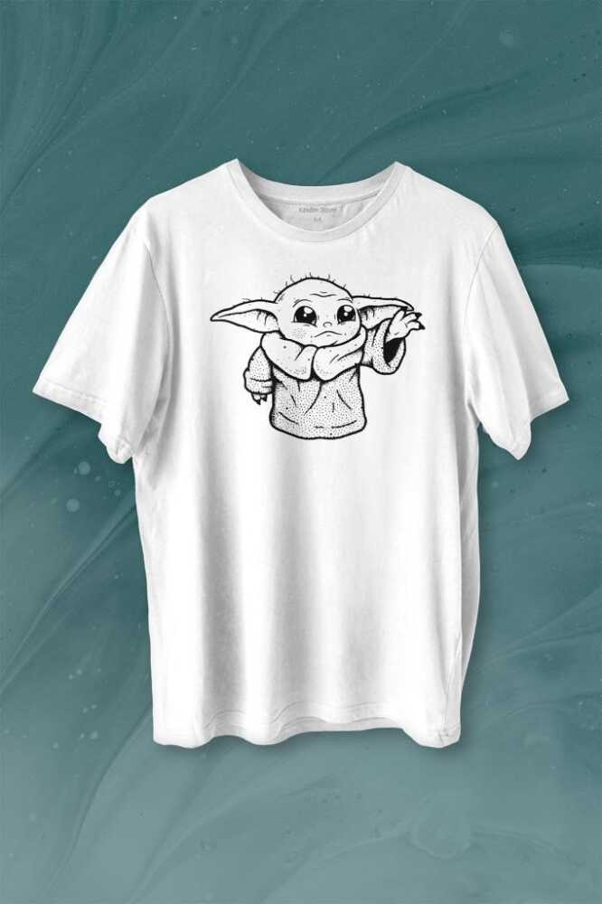 Baby Yoda Star Wars Mandalorian Silüeti Baskılı Tişört Unisex T-shirt - 1