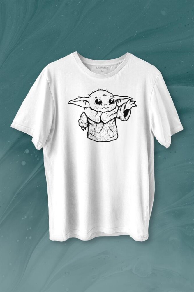 Baby Yoda Star Wars Mandalorian Silüeti Baskılı Tişört Unisex T-shirt - 1