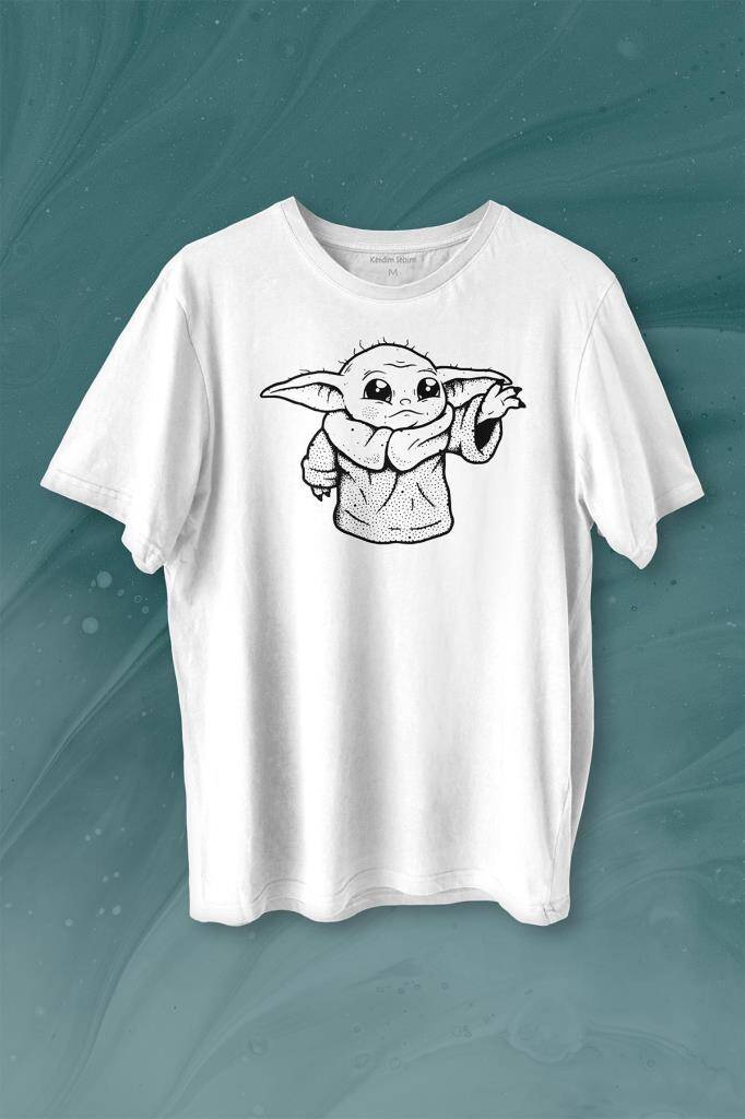 Baby Yoda Star Wars Mandalorian Silüeti Baskılı Tişört Unisex T-shirt - 1