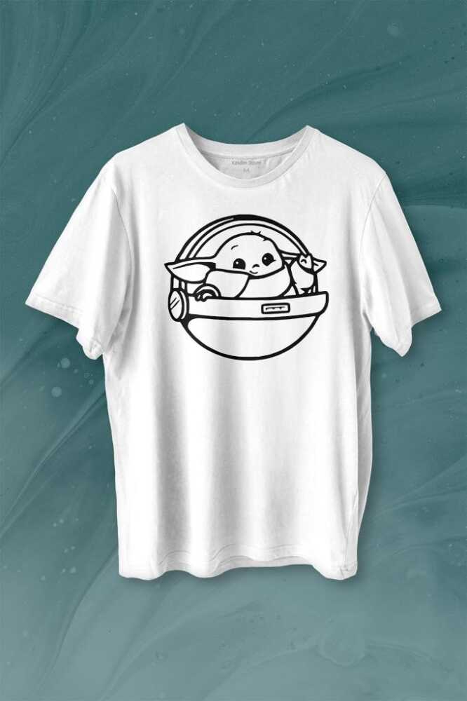 Baby Yoda Star Wars Mandalorian Uzay Mekiği Baskılı Tişört Unisex T-shirt - 1