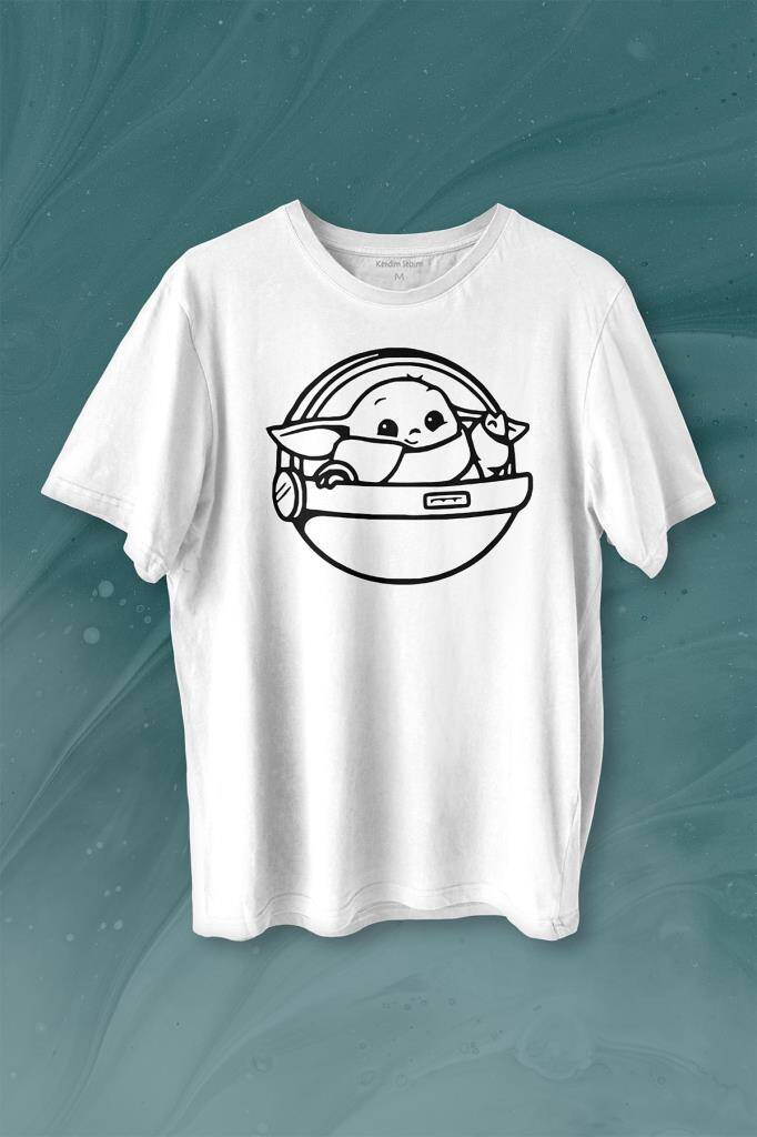 Baby Yoda Star Wars Mandalorian Uzay Mekiği Baskılı Tişört Unisex T-shirt - 1