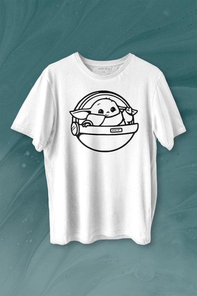 Baby Yoda Star Wars Mandalorian Uzay Mekiği Baskılı Tişört Unisex T-shirt - 1