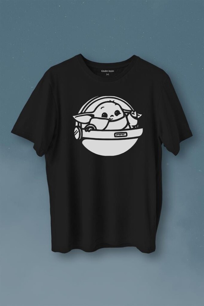 Baby Yoda Star Wars Mandalorian Uzay Mekiği Baskılı Tişört Unisex T-Shirt - 1