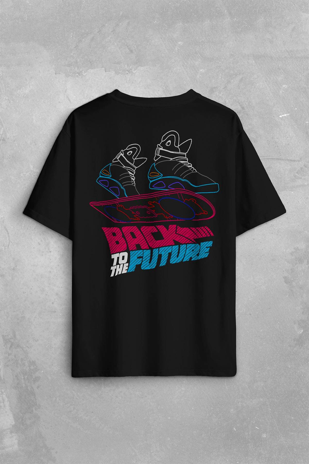 Back To The Future Geleceğe Dönüş Uçan Kaykay Sırt Ön Baskılı Oversize Tişört Unisex T-Shirt - 1