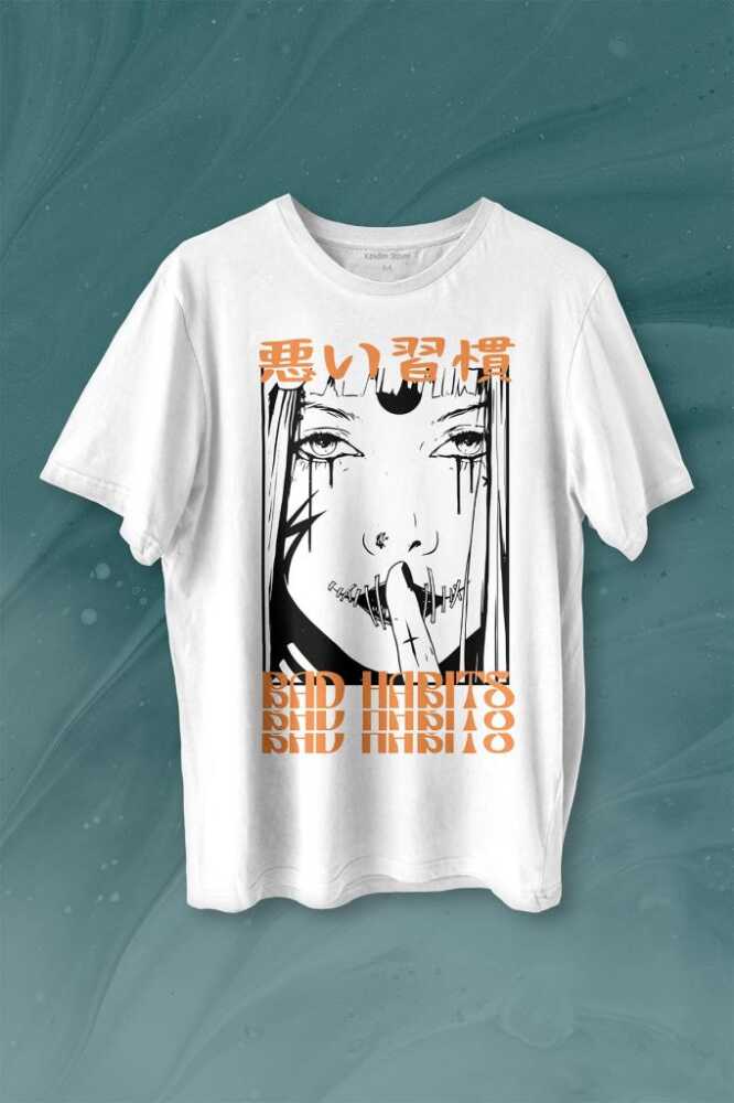 Bad Habbits Japonca Kötü Alışkanlık Baskılı Tişört Unisex T-shirt - 1