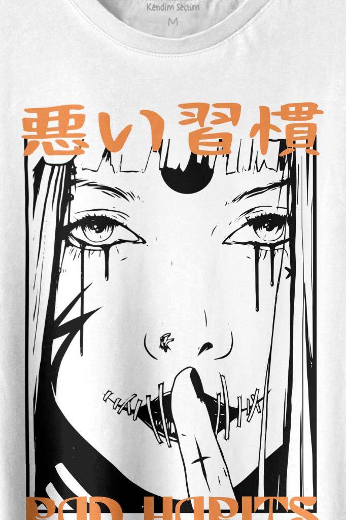 Bad Habbits Japonca Kötü Alışkanlık Baskılı Tişört Unisex T-shirt (1)