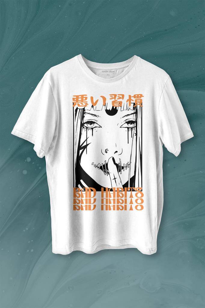 Bad Habbits Japonca Kötü Alışkanlık Baskılı Tişört Unisex T-shirt - 1