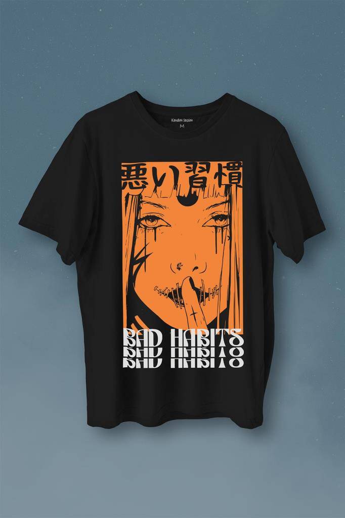 Bad Habbits Japonca Kötü Alişkanlık Baskılı Tişört Unisex T-Shirt - 1