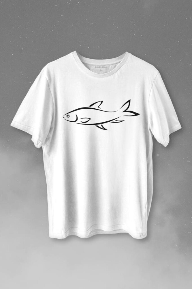 Balık Silüeti Çizimi Fish Vector Baskılı Tişört Unisex T-shirt - 1