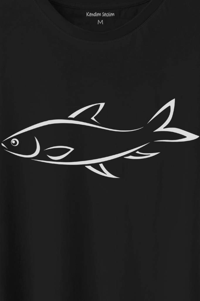 BAlik Silüeti Çizimi Fish Vector Baskılı Tişört Unisex T-Shirt - 2