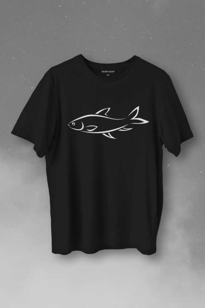 BAlik Silüeti Çizimi Fish Vector Baskılı Tişört Unisex T-Shirt - 1