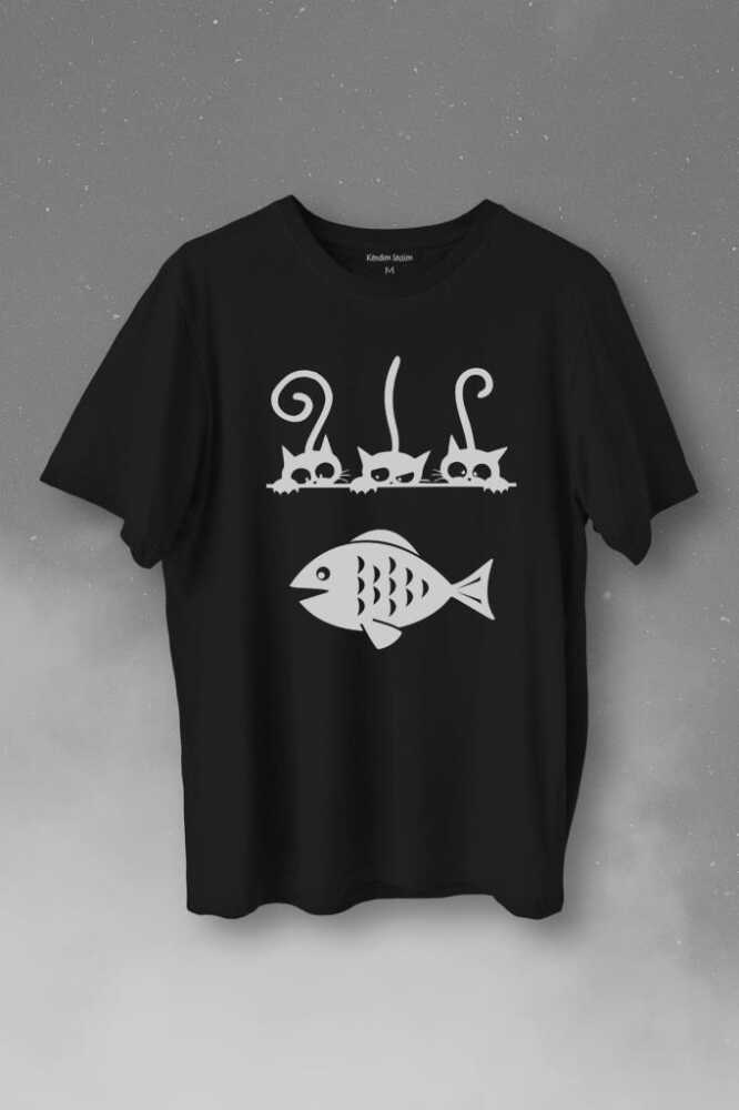 BAlik Ve 3 Kedi Fish Cats Baskılı Tişört Unisex T-Shirt - 1