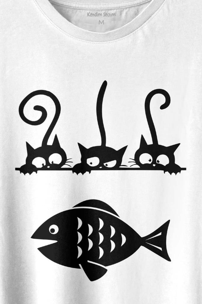 Balık Ve 3 Kedi Fish Cats Baskılı Tişört Unisex T-shirt (1)