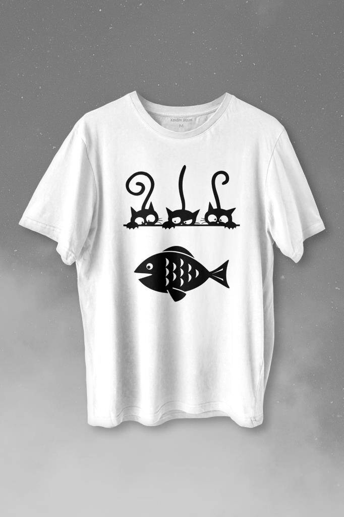 Balık Ve 3 Kedi Fish Cats Baskılı Tişört Unisex T-shirt - 1