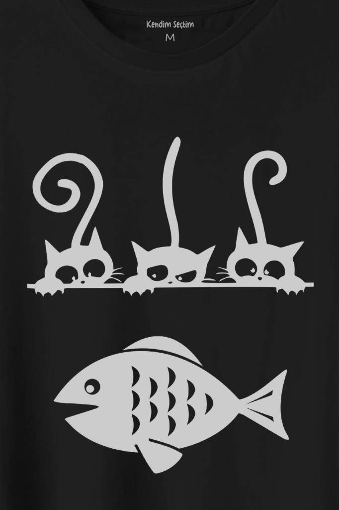 BAlik Ve 3 Kedi Fish Cats Baskılı Tişört Unisex T-Shirt - 2