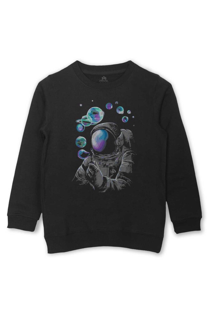 Baloncuk Köpük Tabancası Uzayda Astronot Cosmos Balon Baskılı Çocuk Sweatshirt Siyah Sweat - So Cool