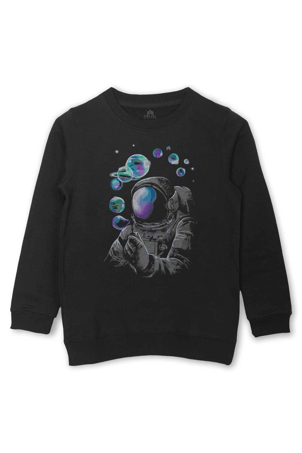 Baloncuk Köpük Tabancası Uzayda Astronot Cosmos Balon Baskılı Çocuk Sweatshirt Siyah Sweat - 1