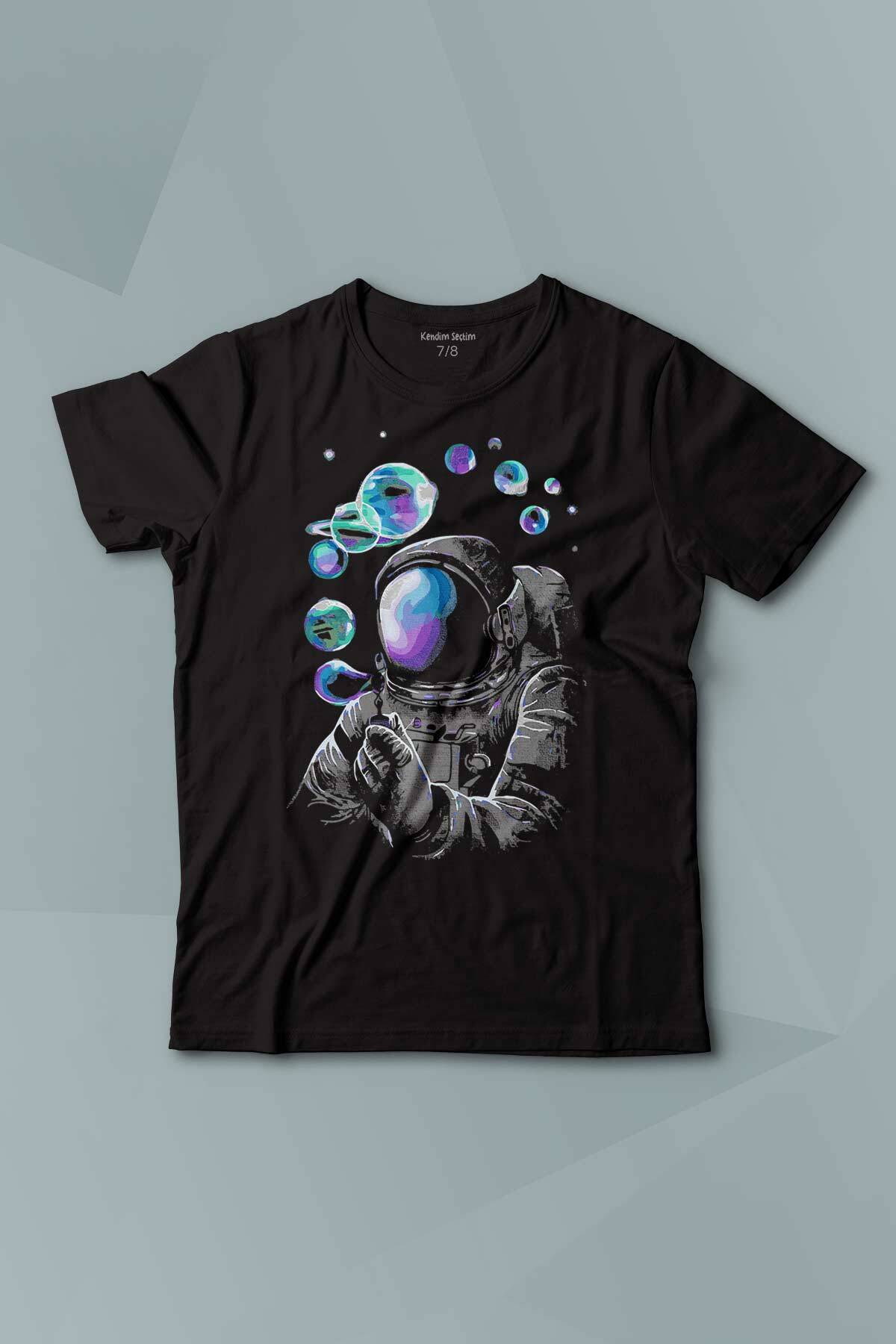 Baloncuk Köpük Tabancası Uzayda Astronot Cosmos Balon Baskılı Çocuk Tişört Kısa Kollu - 1