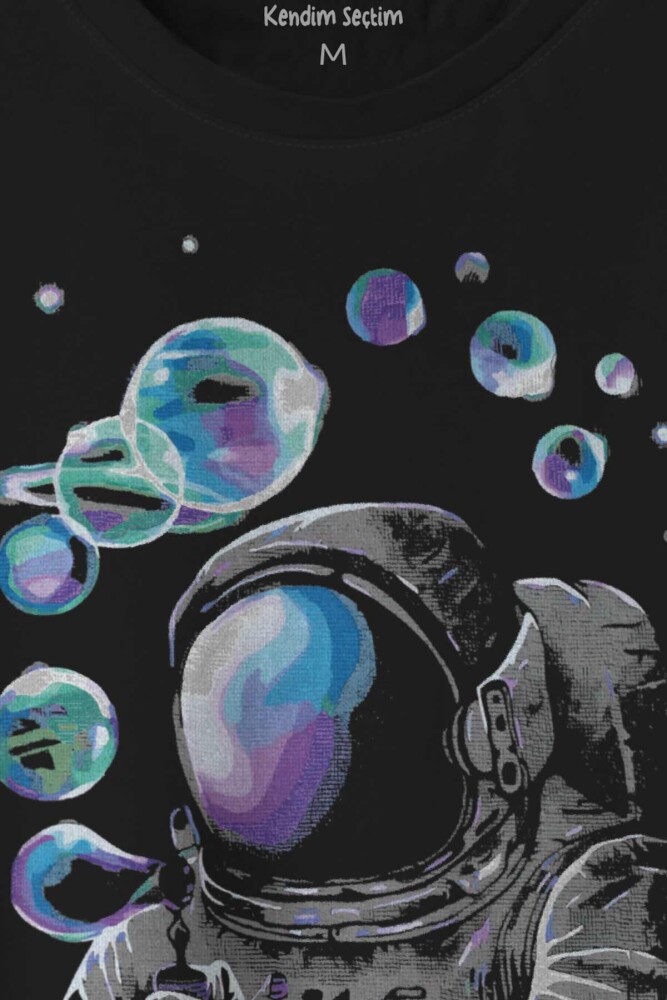 Baloncuk Köpük Tabancası Uzayda Astronot Cosmos Balon Baskılı Tişört Unisex T-shirt - 2