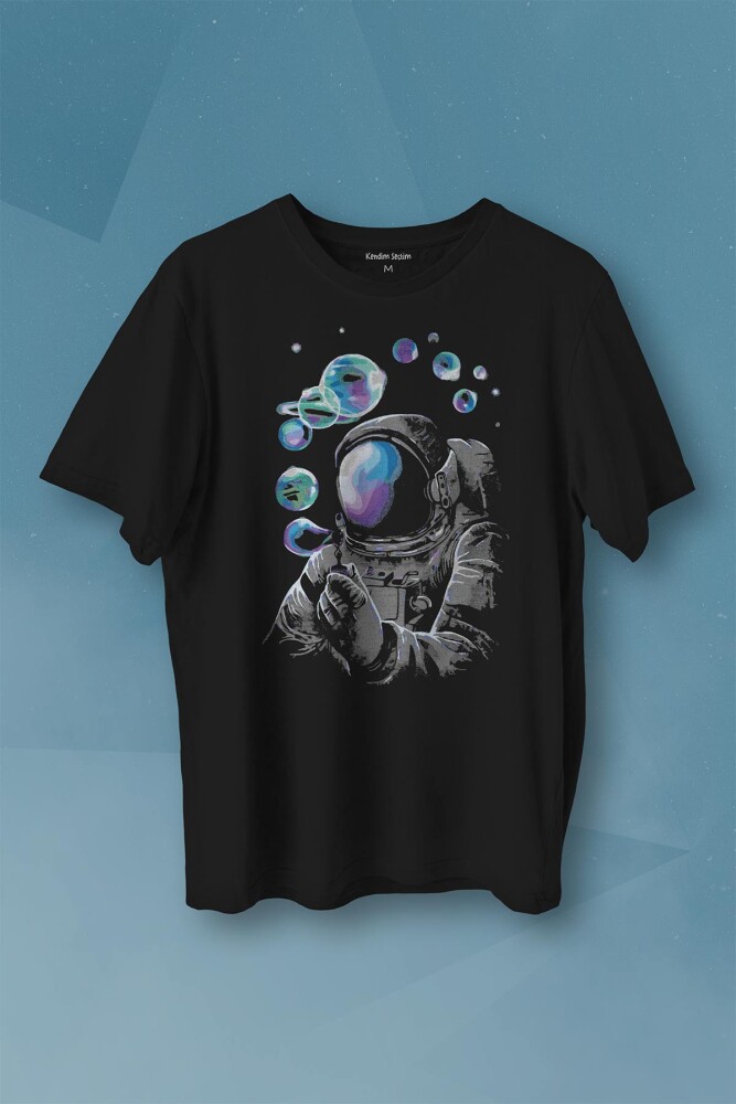 Baloncuk Köpük Tabancası Uzayda Astronot Cosmos Balon Baskılı Tişört Unisex T-shirt - 1