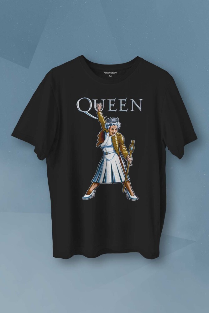 Baskılı Siyah T-shirt Queen Kraliçe Elizabeth The Crown Unisex Tişört - 1