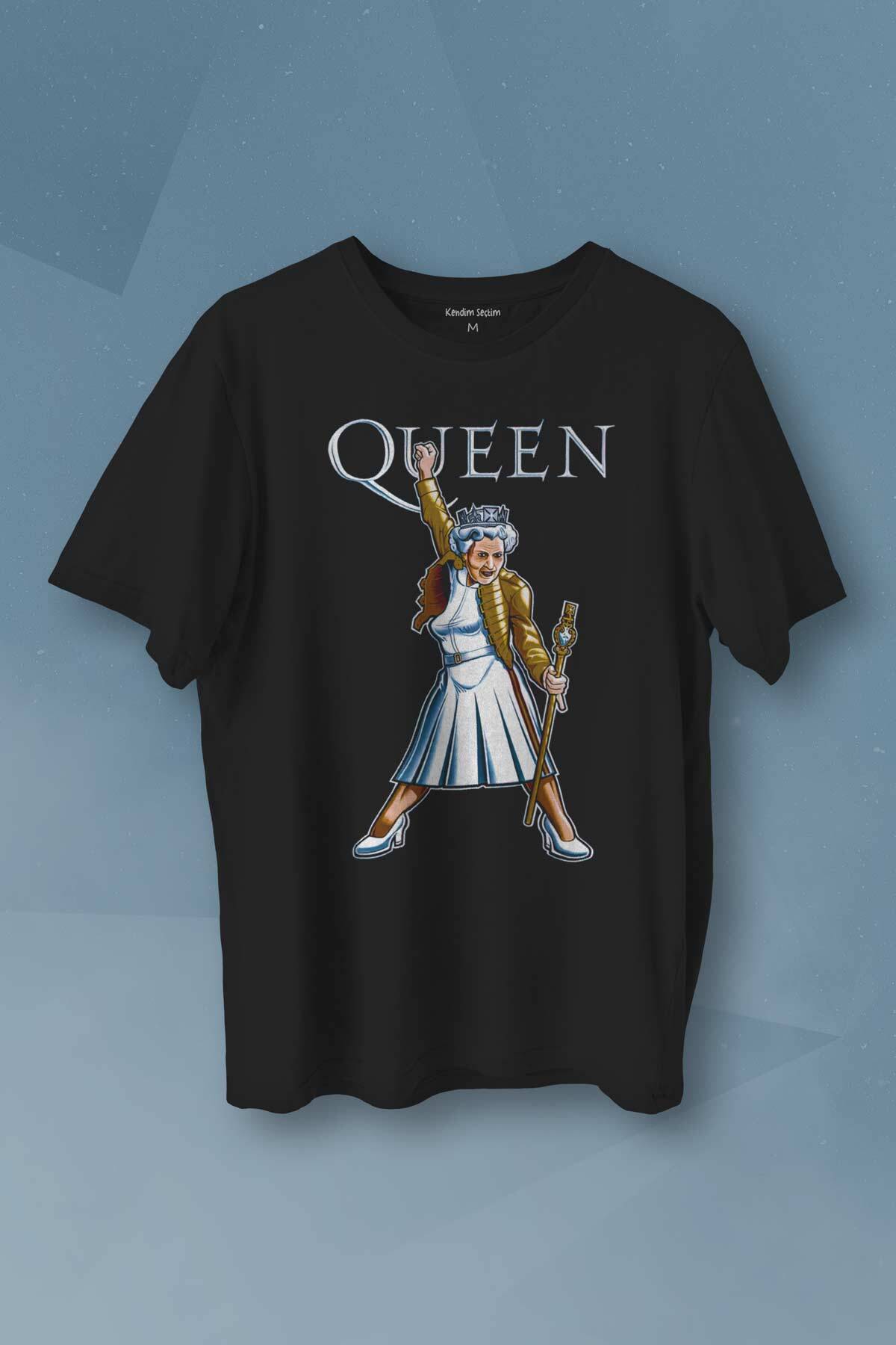Baskılı Siyah T-shirt Queen Kraliçe Elizabeth The Crown Unisex Tişört - 1