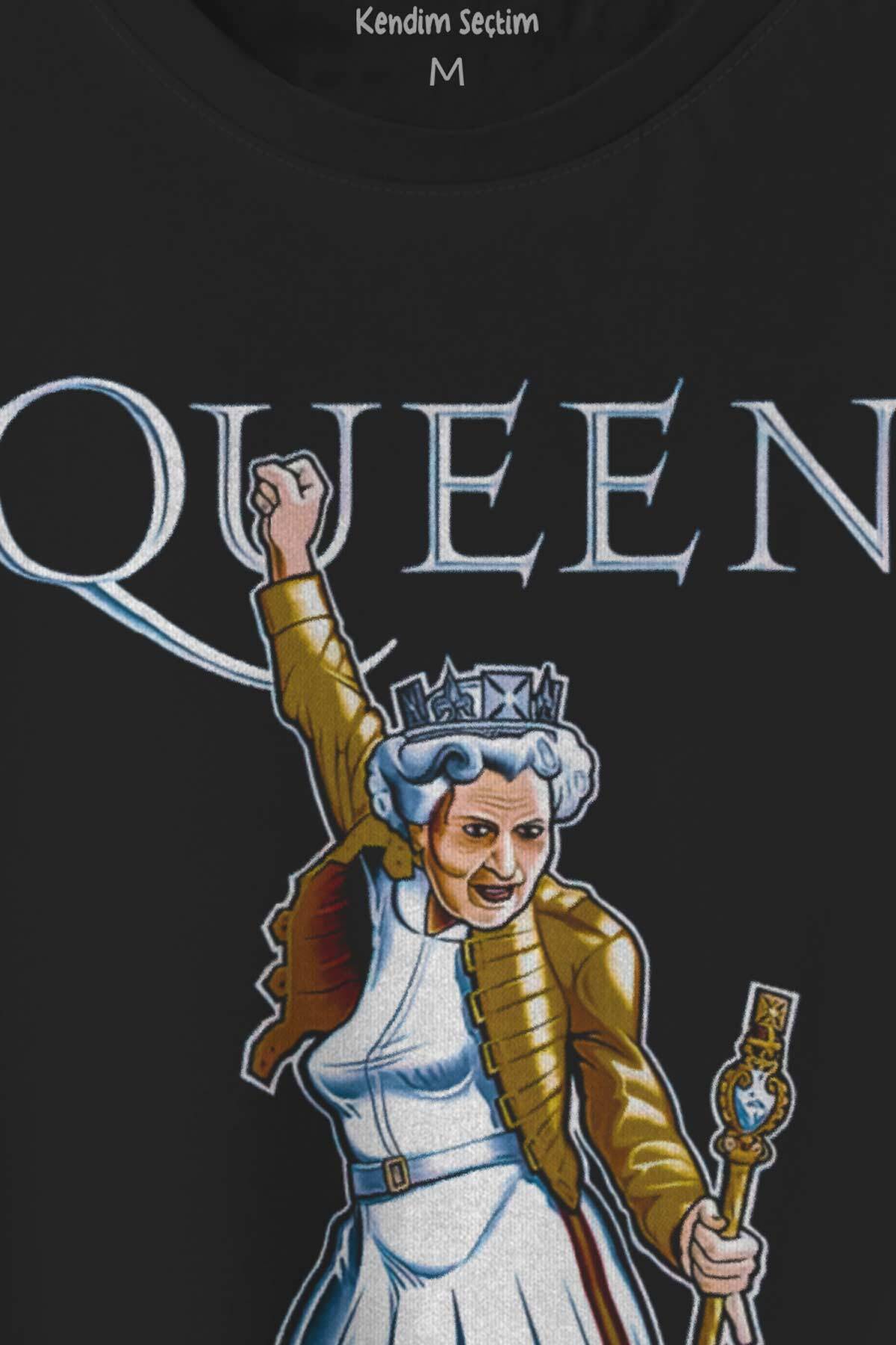 Baskılı Siyah T-shirt Queen Kraliçe Elizabeth The Crown Unisex Tişört - 2