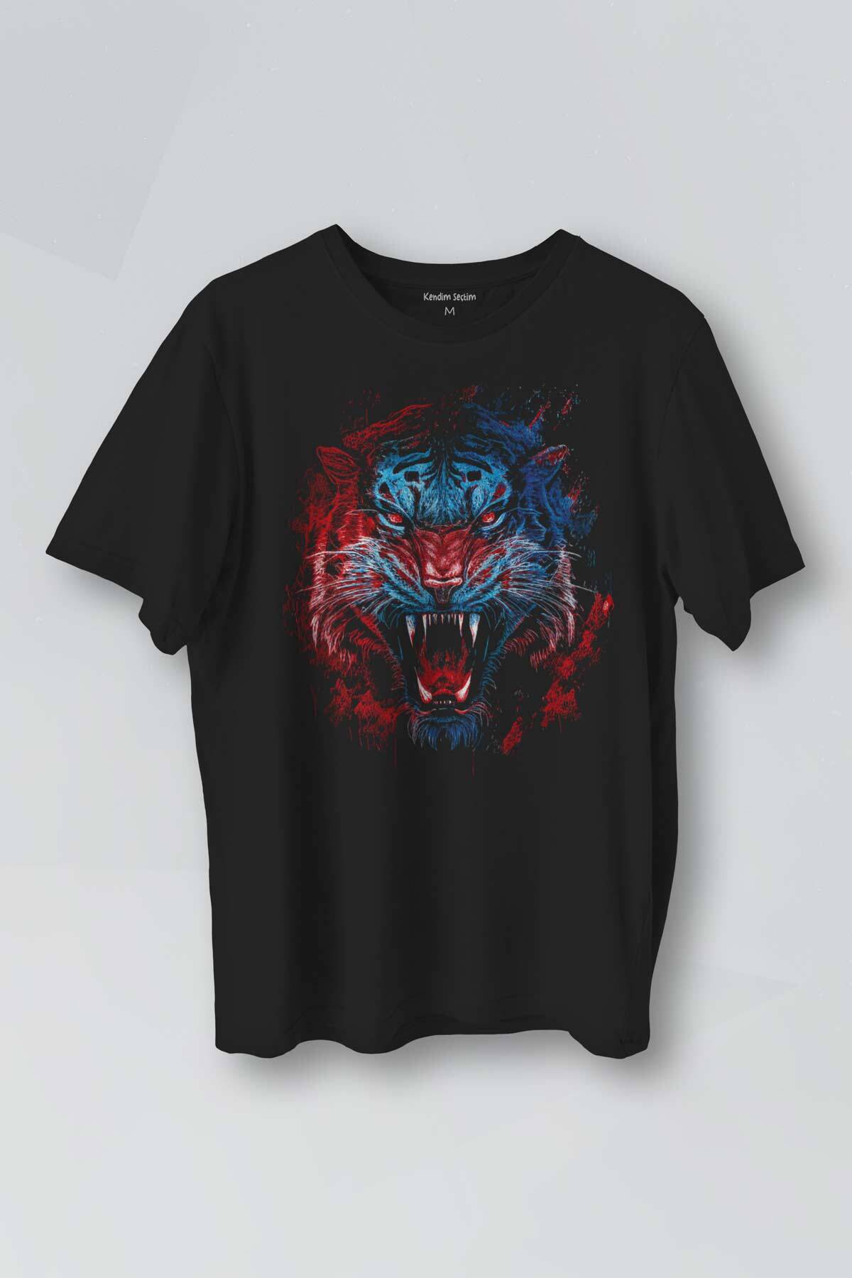 Baskılı Unisex T-shirt Tiger Bordo Wild Life Mavi Kaplan Tasarım Tişört - 1