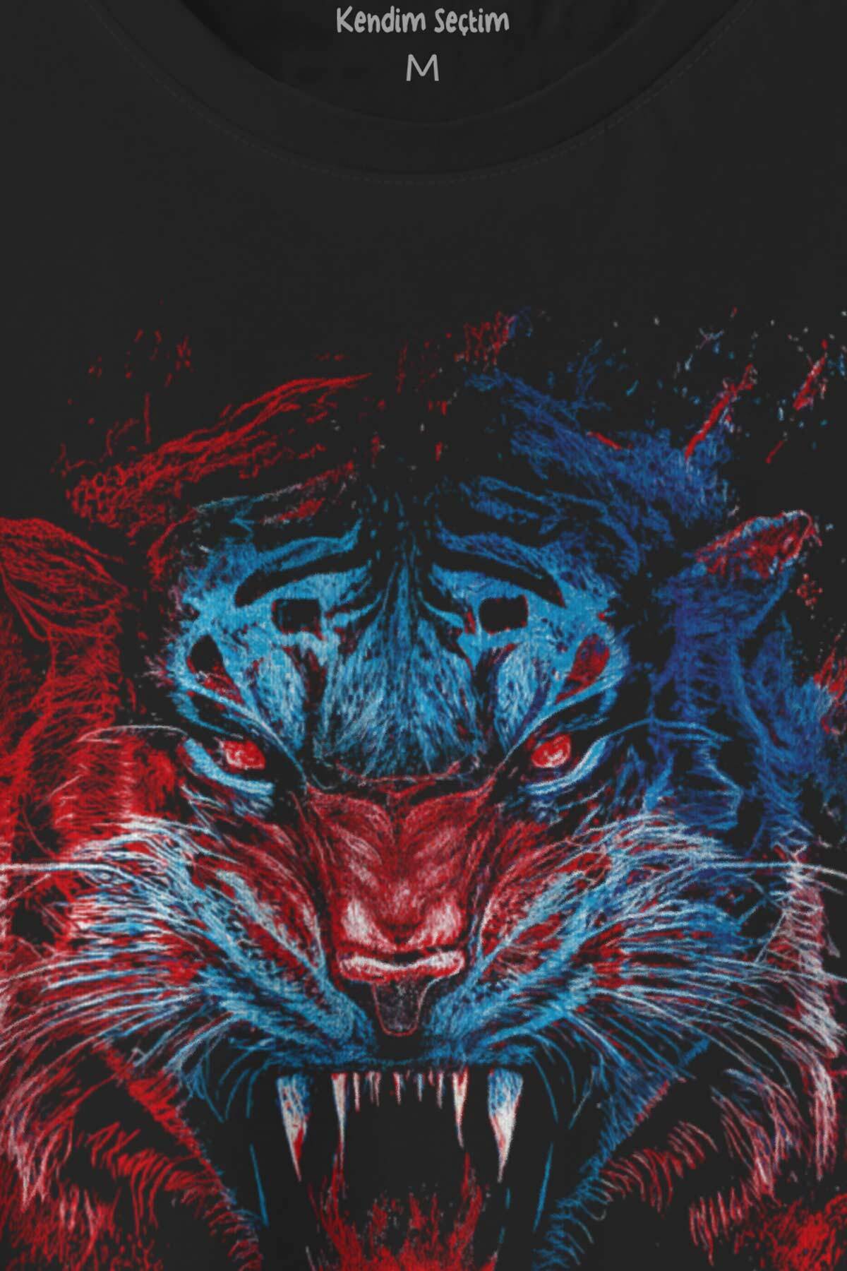 Baskılı Unisex T-shirt Tiger Bordo Wild Life Mavi Kaplan Tasarım Tişört - 2