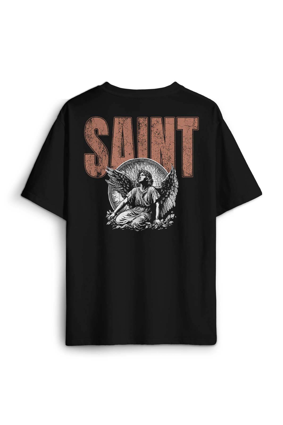 Basklı Oversize T-shirt Saint Gothic Kutsal Melek Angle Siyah Unisex Tişört (1)