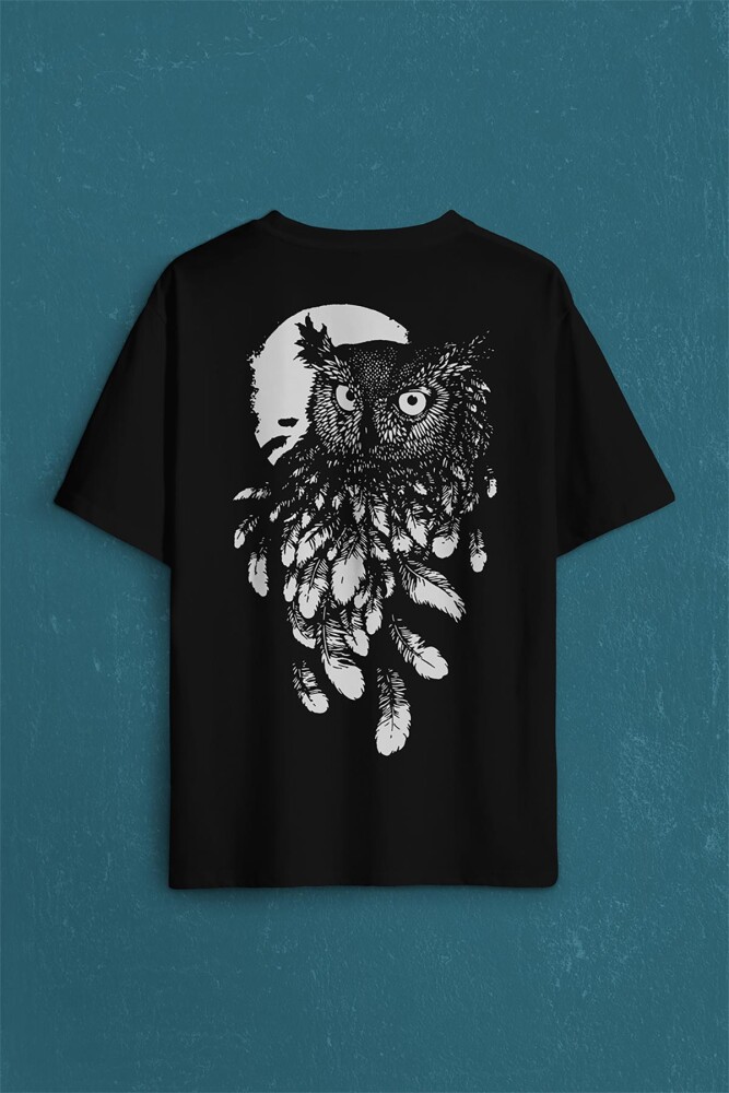 Baykuş Dolunay Owl Sırt Ön Baskılı Oversize Tişört Unisex T-Shirt - KENDİM SEÇTİM