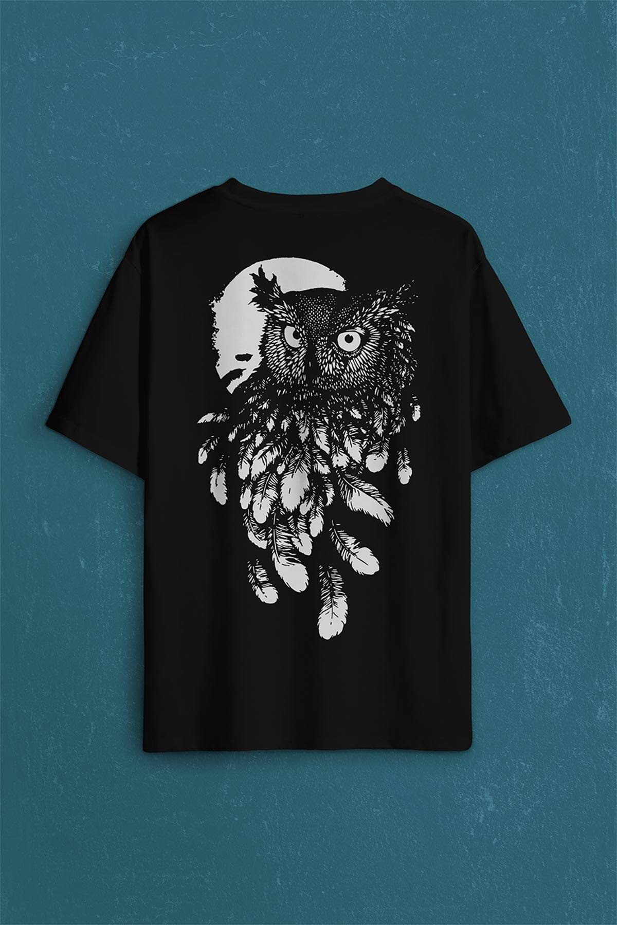 Baykuş Dolunay Owl Sırt Ön Baskılı Oversize Tişört Unisex T-Shirt - 1