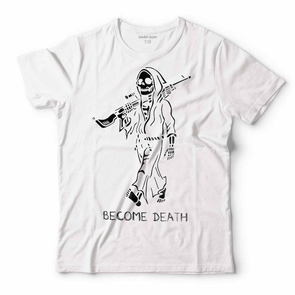 BECOME DEATH SKULL TÜFEK SİLAH KURU KAFA SKELETON ERKEK TİŞÖRT - 1