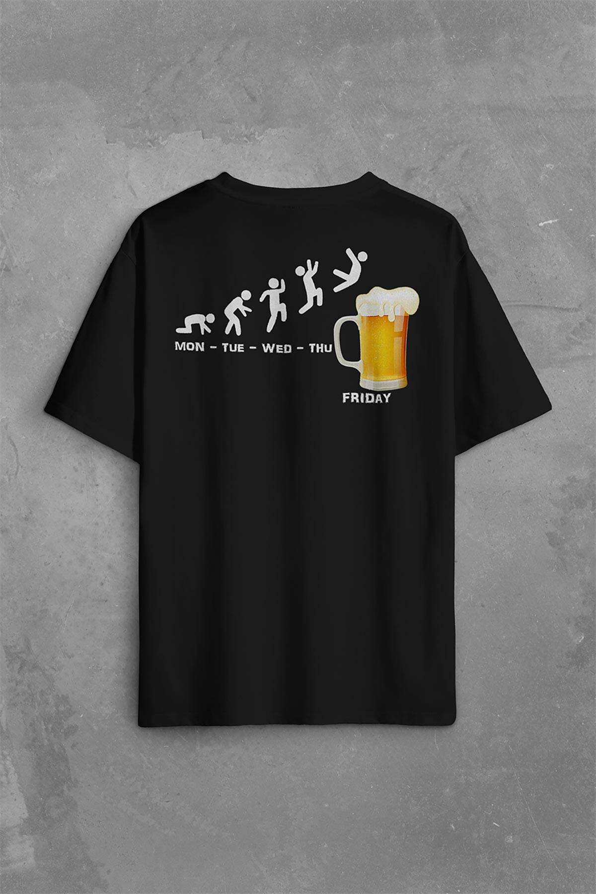 Beer Week Friday Weekend Bira Alkol Hafta Sonu Tatili Sırt Ön Baskılı Oversize Tişört Unisex T-Shirt - 1